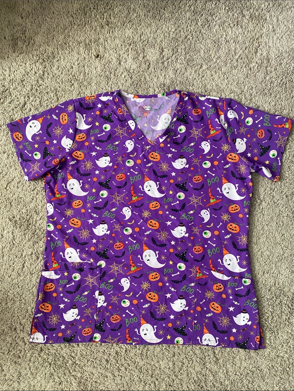 Purple Halloween Ghost Print Medical  Scrub Top - Purple XL
